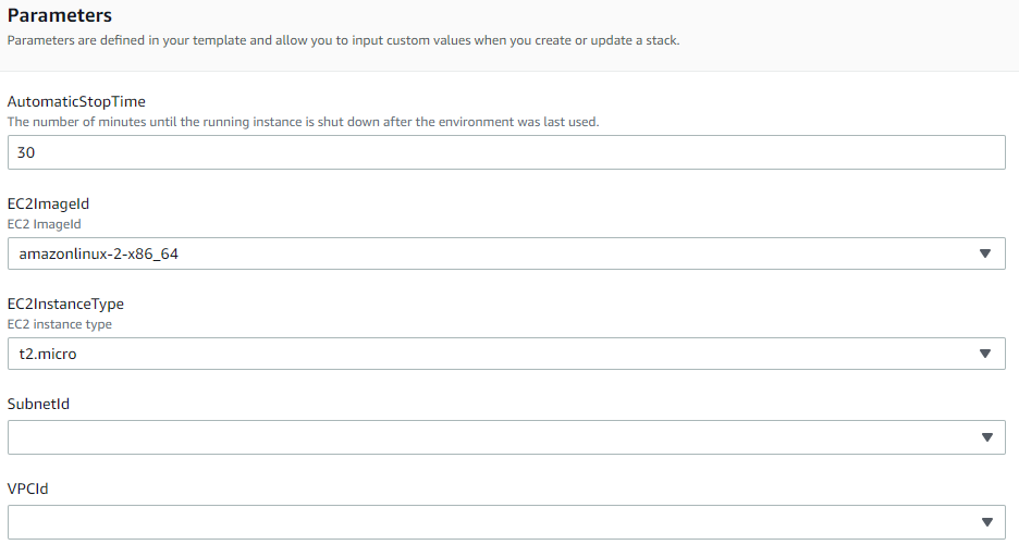 CloudFormation specify parameters.